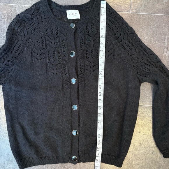 Sezane Black Pointelle Knit Cardigan Sweater Mohair Elegant Luxury Womens Large - Picture 11 of 12